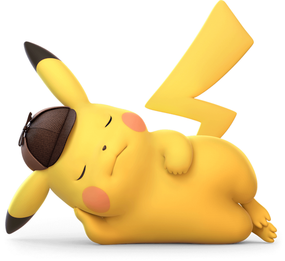 Detective Pikachu che dorme di fianco a un messaggio che dice "Preordina ora!".