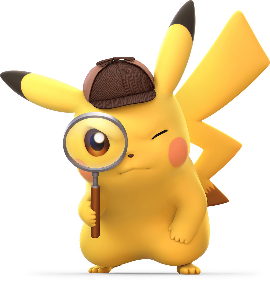 Detective Pikachu peering through a magnifying glass.