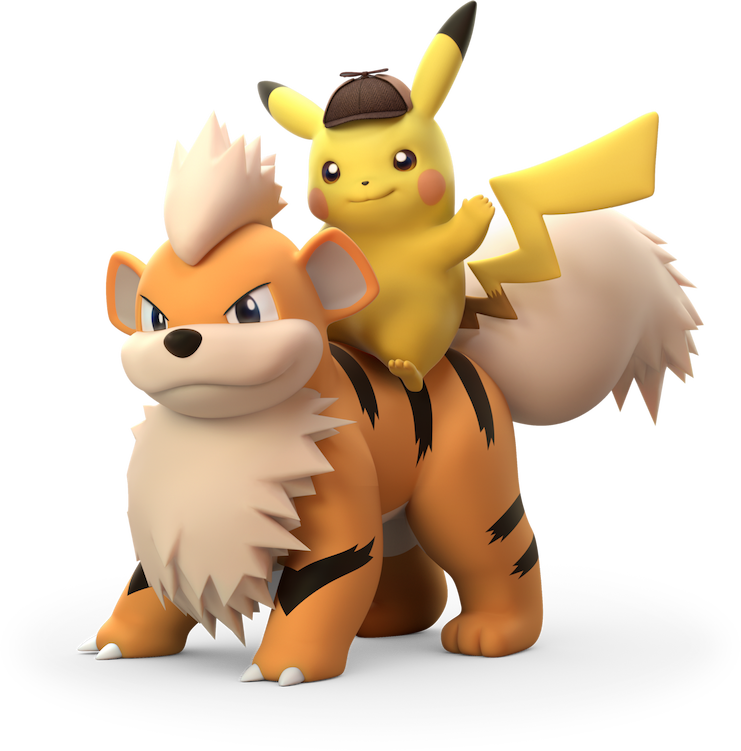 Image of Detective Pikachu riding on top of Growlithe.