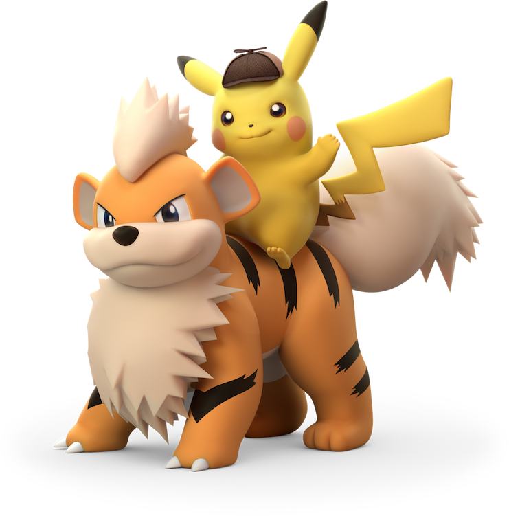 Imagem do Detetive Pikachu às cavalitas do Growlithe.