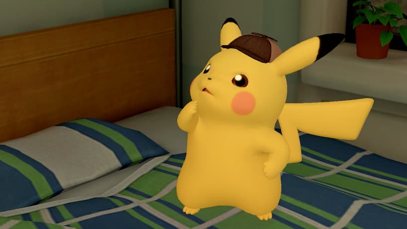 Gameplay image of Detective Pikachu standing on top of a bed, thinking about something.