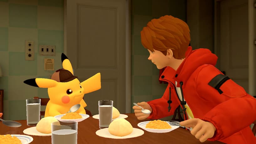 Immagine tratta dal gioco di Detective Pikachu e il suo amico Tim Goodman che mangiano maccheroni al formaggio.