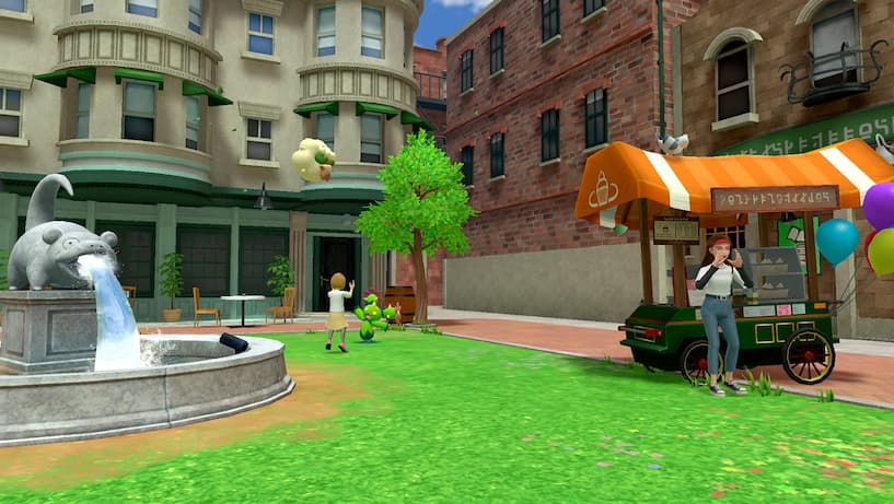 Gameplay image of the people and Pokémon of Ryme City near a Slowpoke fountain.