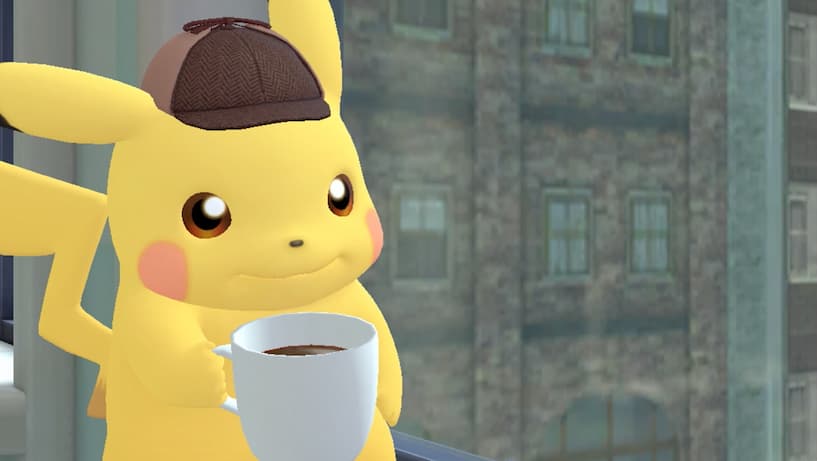 Detective Pikachu Returns poster image of Detective Pikachu holding a cup of coffee.