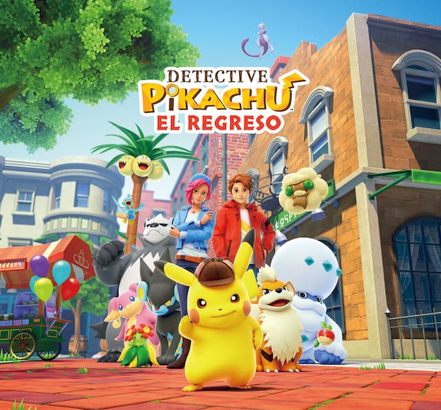 El detective Pikachu y sus aliados humanos y Pokémon reunidos para su próximo caso.